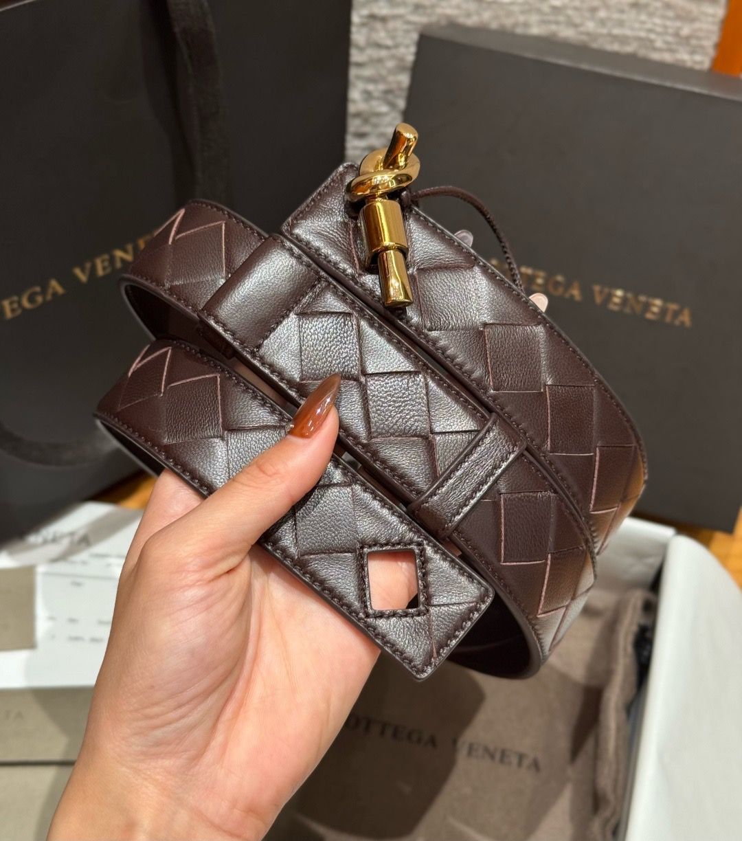 Bottega Veneta Intrecciato Leather Belt with Brass Knot