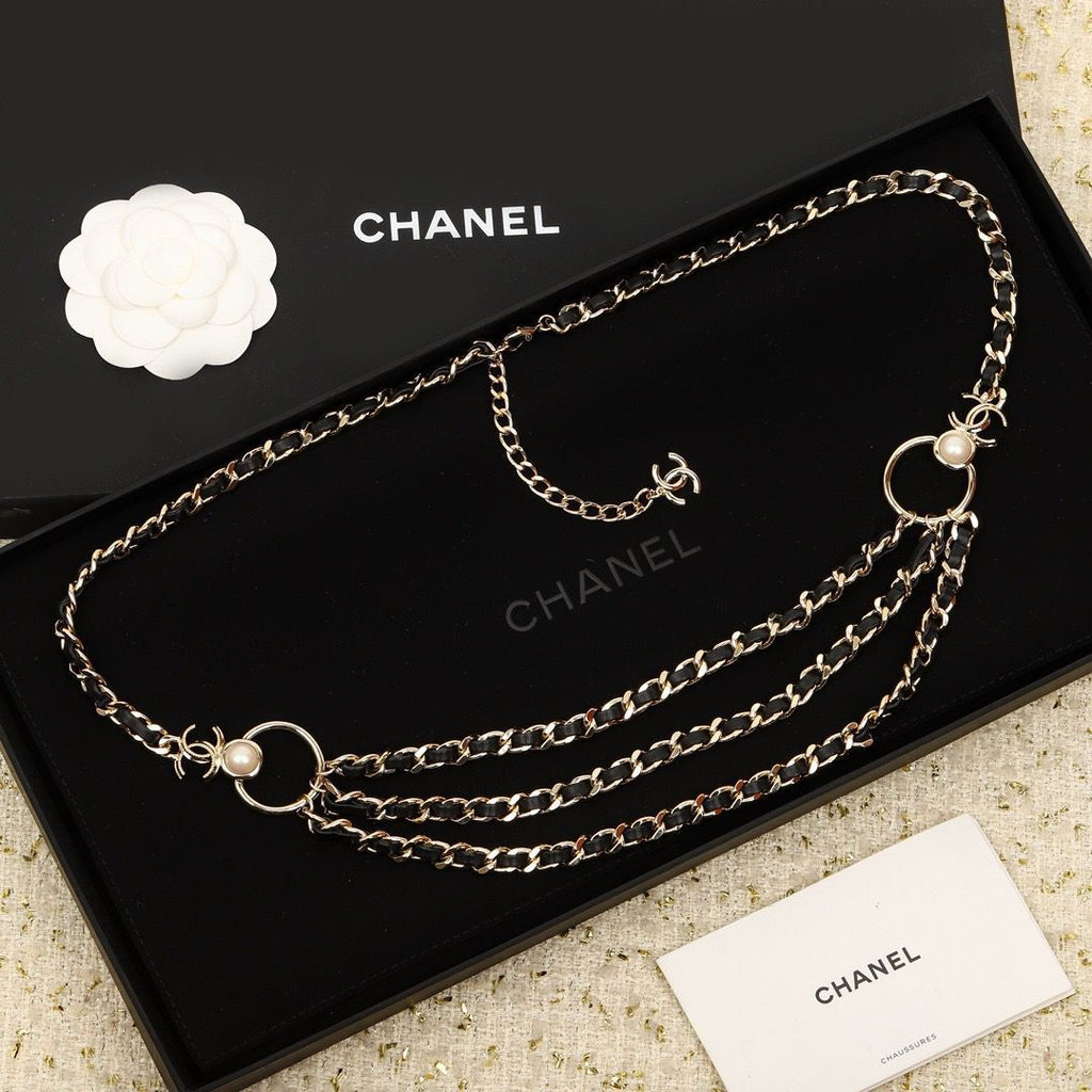 Chanel Multi-Strand Interwoven Chain and Leather Belt with Pearl & CC Ring
