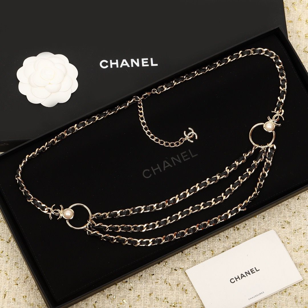 Chanel Multi-Strand Interwoven Chain and Leather Belt with Pearl & CC Ring