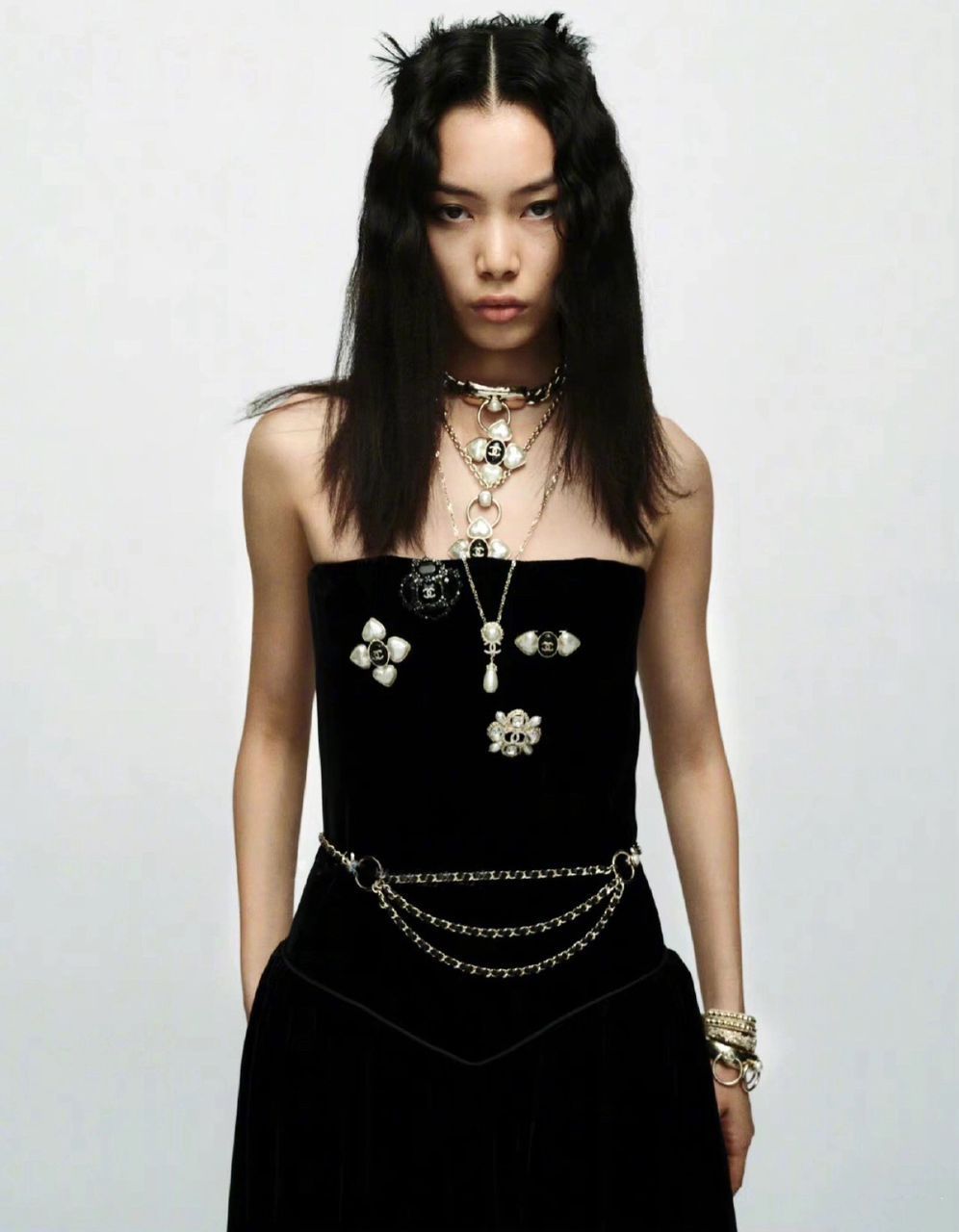 Chanel Multi-Strand Interwoven Chain and Leather Belt with Pearl & CC Ring