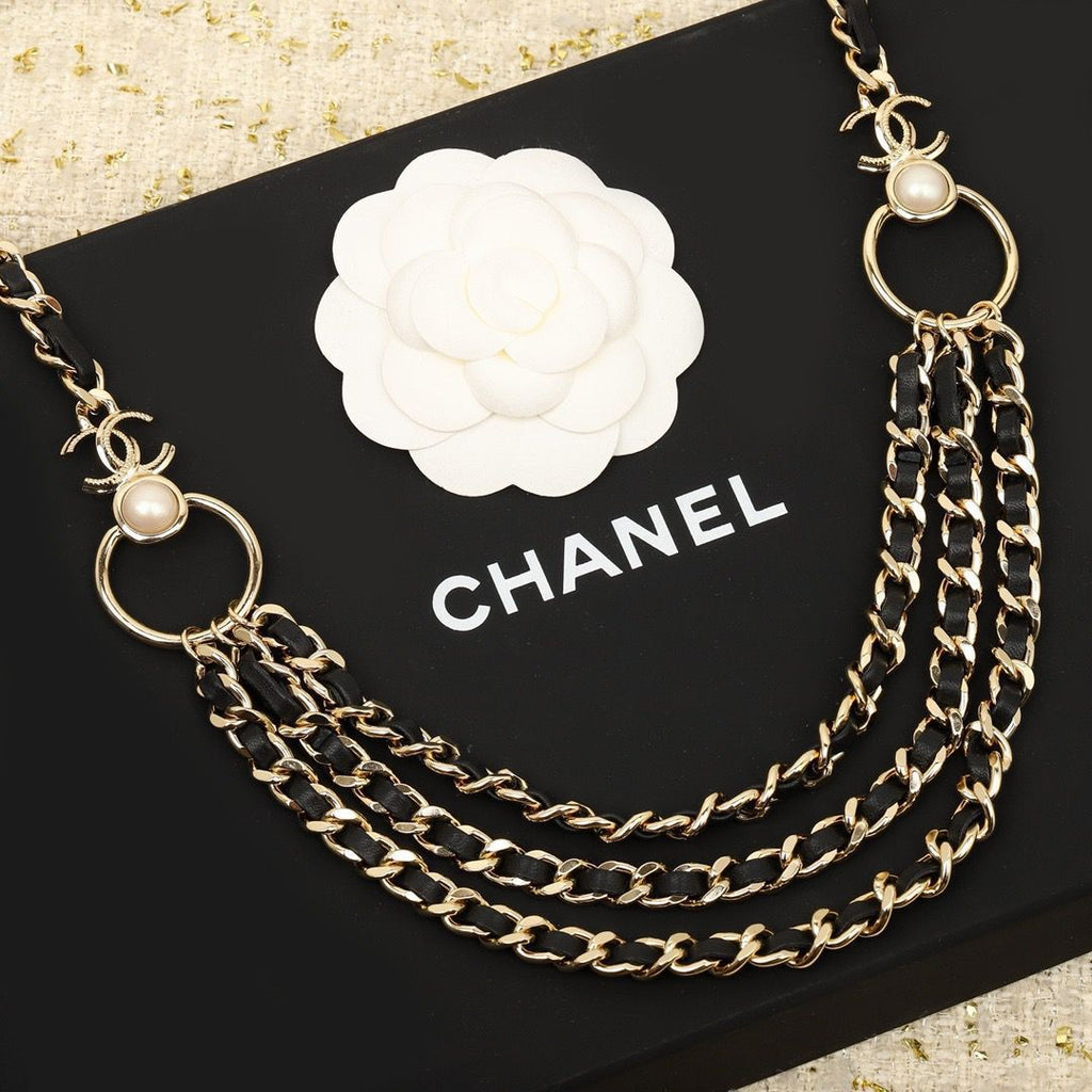 Chanel Multi-Strand Interwoven Chain and Leather Belt with Pearl & CC Ring