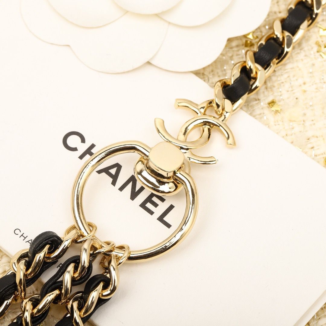 Chanel Multi-Strand Interwoven Chain and Leather Belt with Pearl & CC Ring