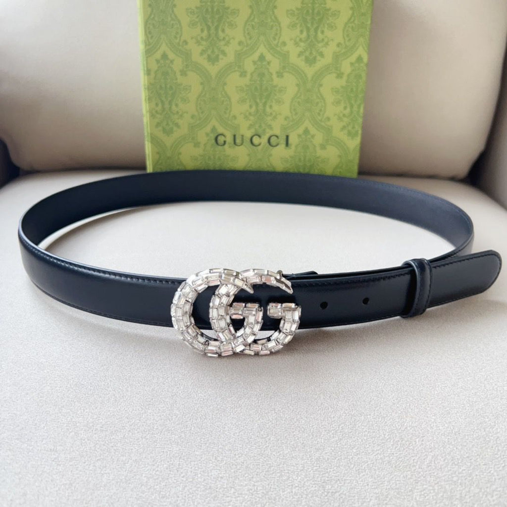 Gucci Marmont Crystal-Embellished Leather Belt