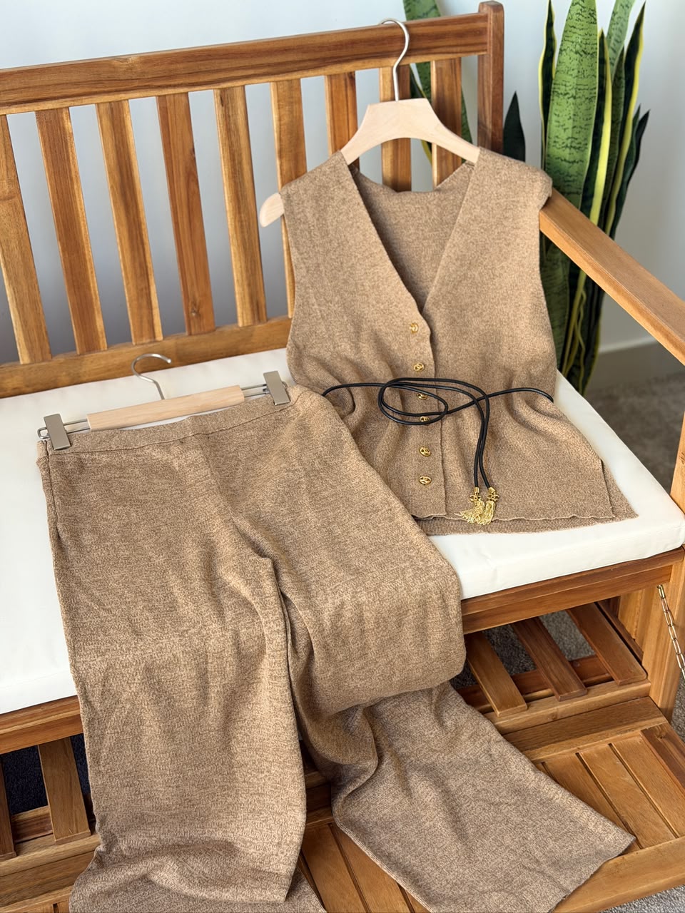 Chanel Cashmere V-Neck Vest and Trousers Set with CC Logo Hardware and Belt