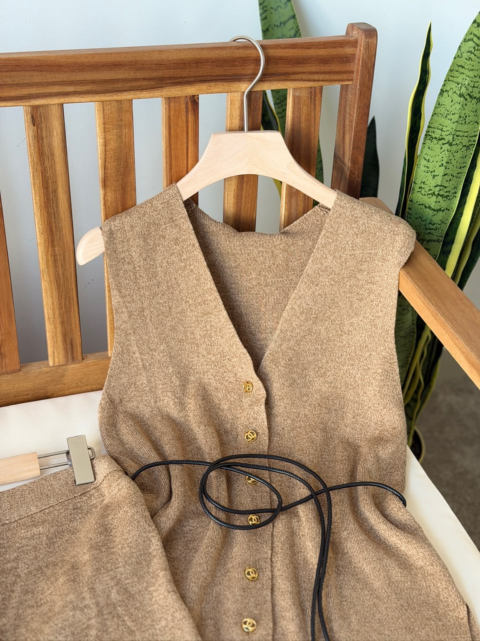 Chanel Cashmere V-Neck Vest and Trousers Set with CC Logo Hardware and Belt