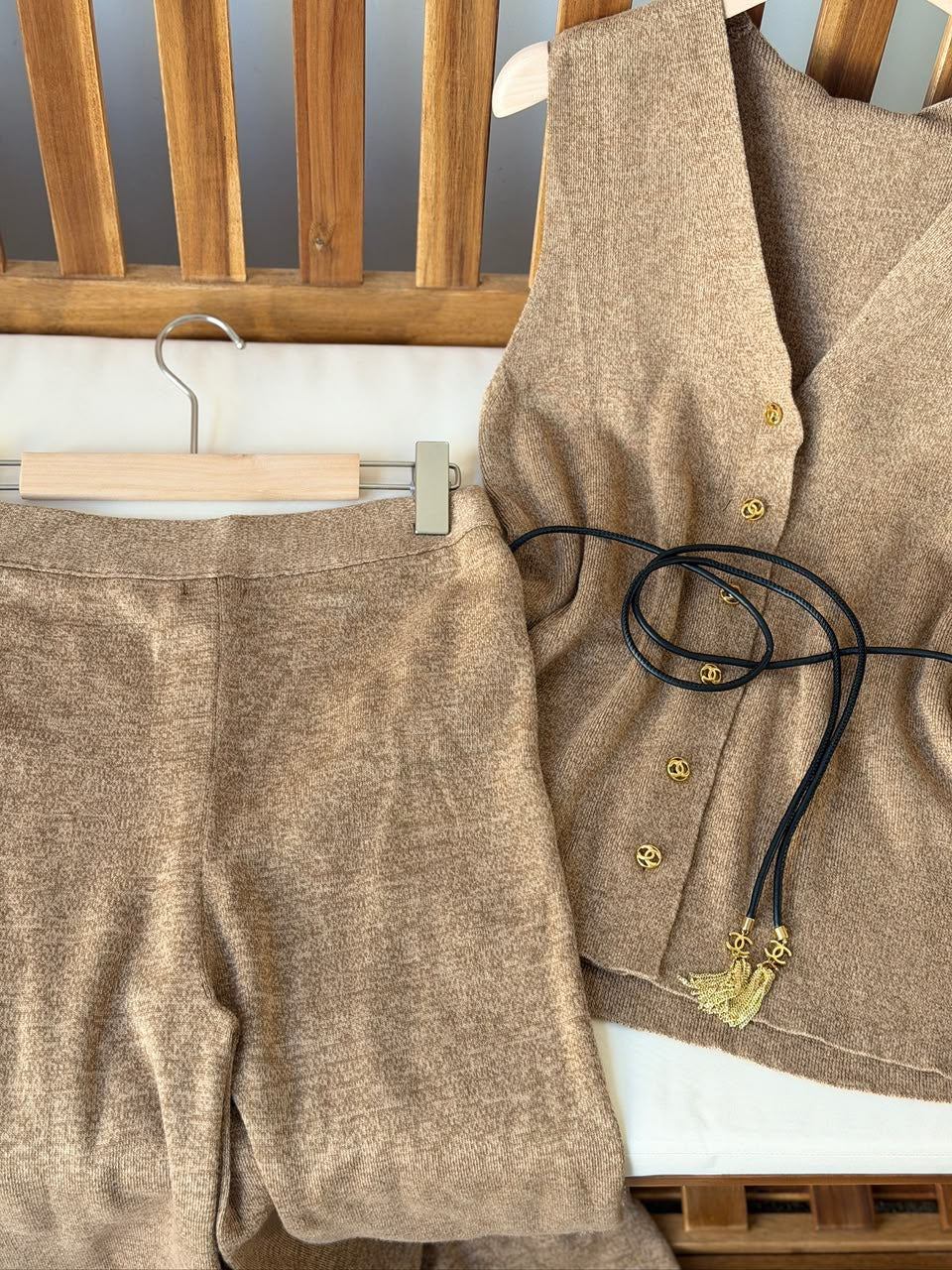 Chanel Cashmere V-Neck Vest and Trousers Set with CC Logo Hardware and Belt