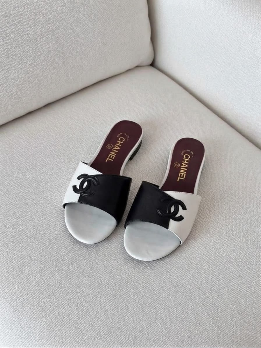 Chanel Two-Tone CC Logo Block Heel Mule Sandals