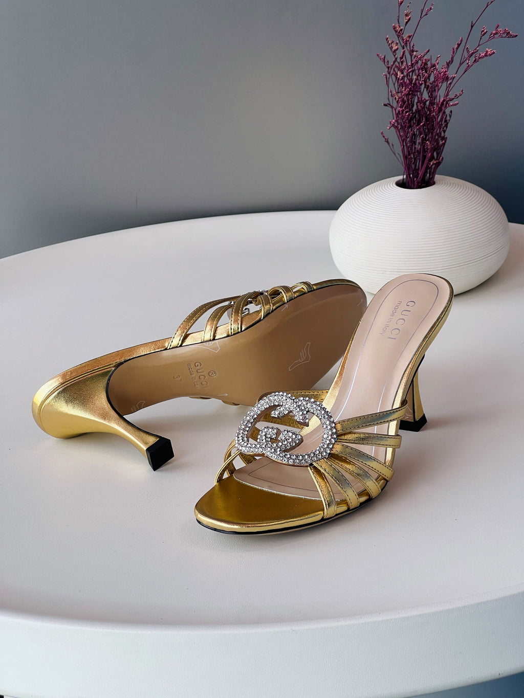 Gucci Interlocking G Crystal Buckle Metallic Leather Heeled Sandals