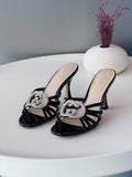 Gucci Interlocking G Crystal Buckle Metallic Leather Heeled Sandals
