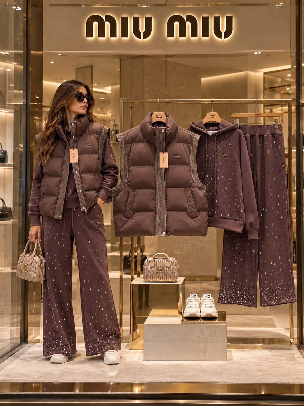 Miu Miu Crystal-Embellished Brown Tracksuit Set