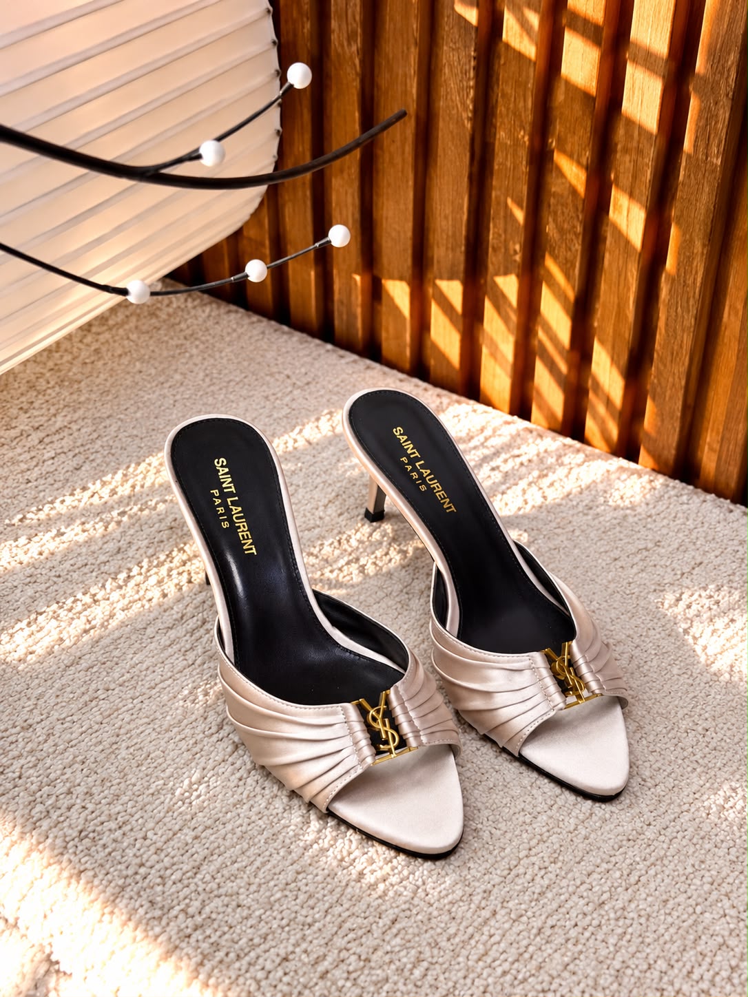 Saint Laurent Blanche Ruched YSL Logo Heeled Mules