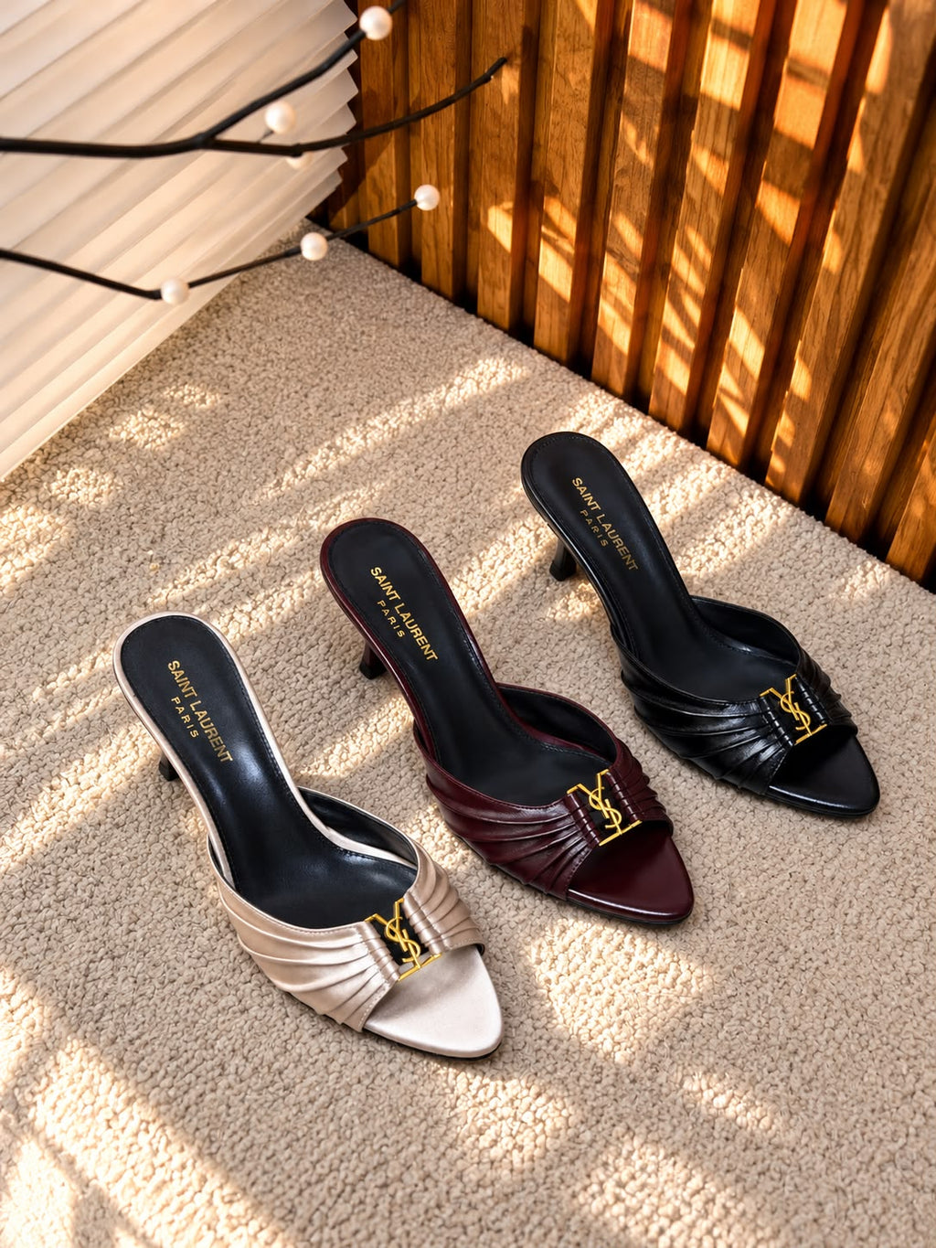 Saint Laurent Blanche Ruched YSL Logo Heeled Mules