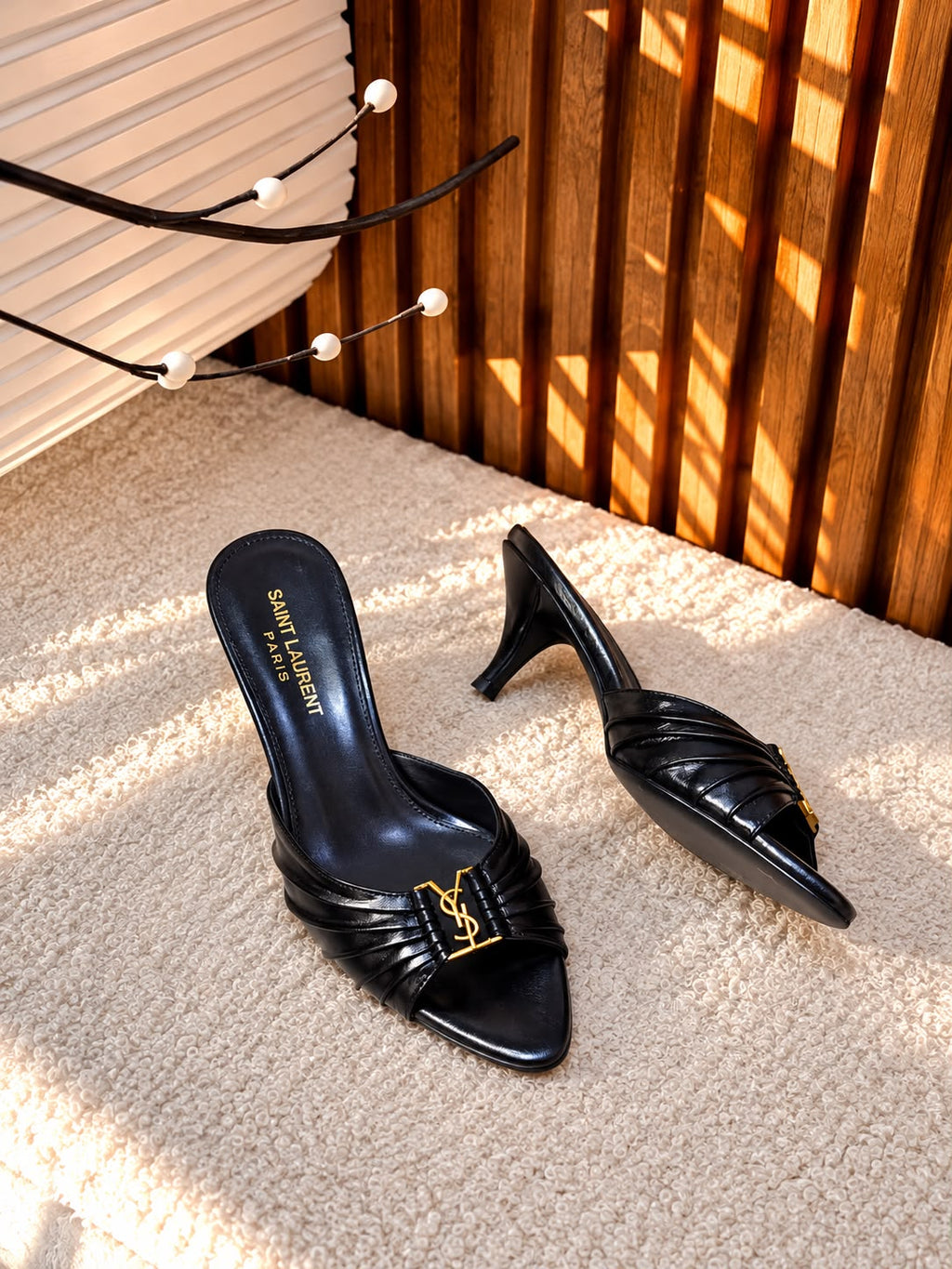 Saint Laurent Blanche Ruched YSL Logo Heeled Mules