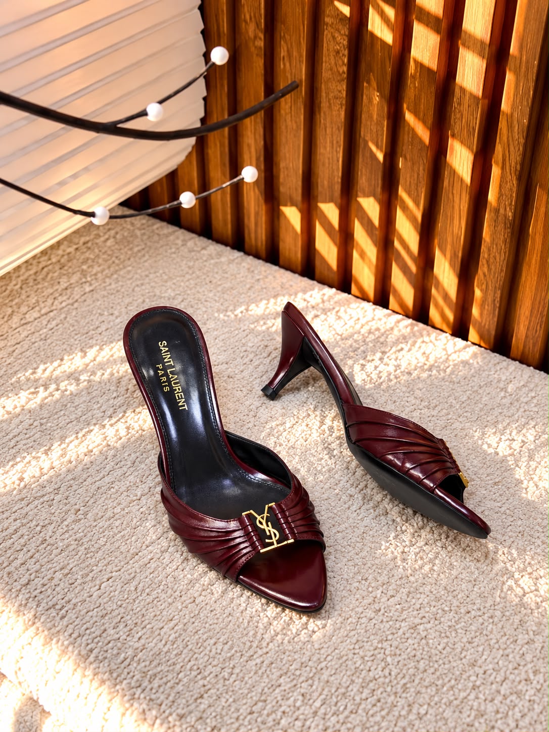 Saint Laurent Blanche Ruched YSL Logo Heeled Mules