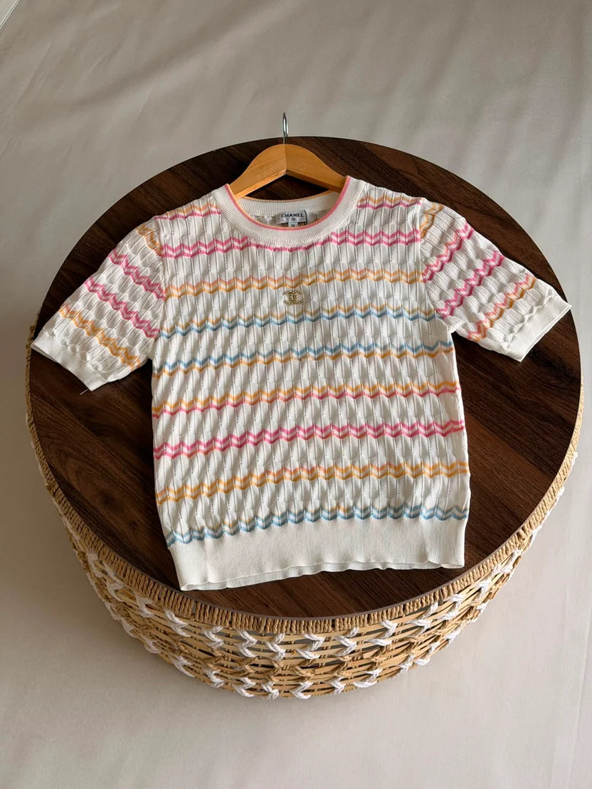 Chanel Chevron Pointelle Open-Knit Short-Sleeve Top