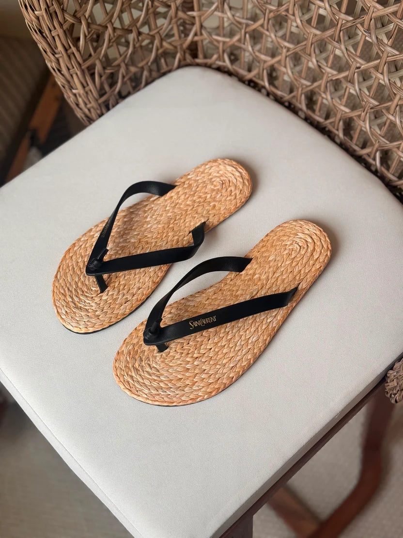 Saint Laurent Pool Knotted Leather and Raffia Flip-Flops