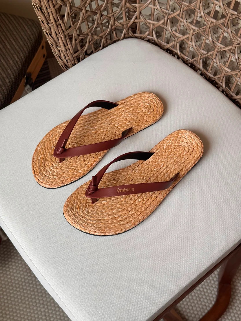 Saint Laurent Pool Knotted Leather and Raffia Flip-Flops