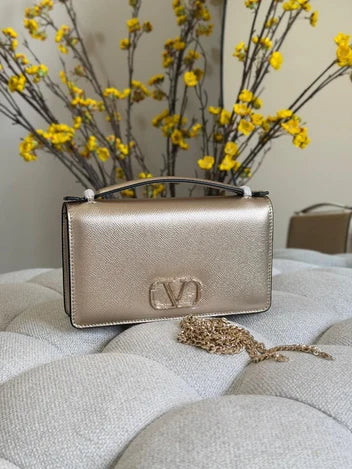 Valentino Garavani VLogo Signature Metallic Grainy Calfskin Wallet with Chain