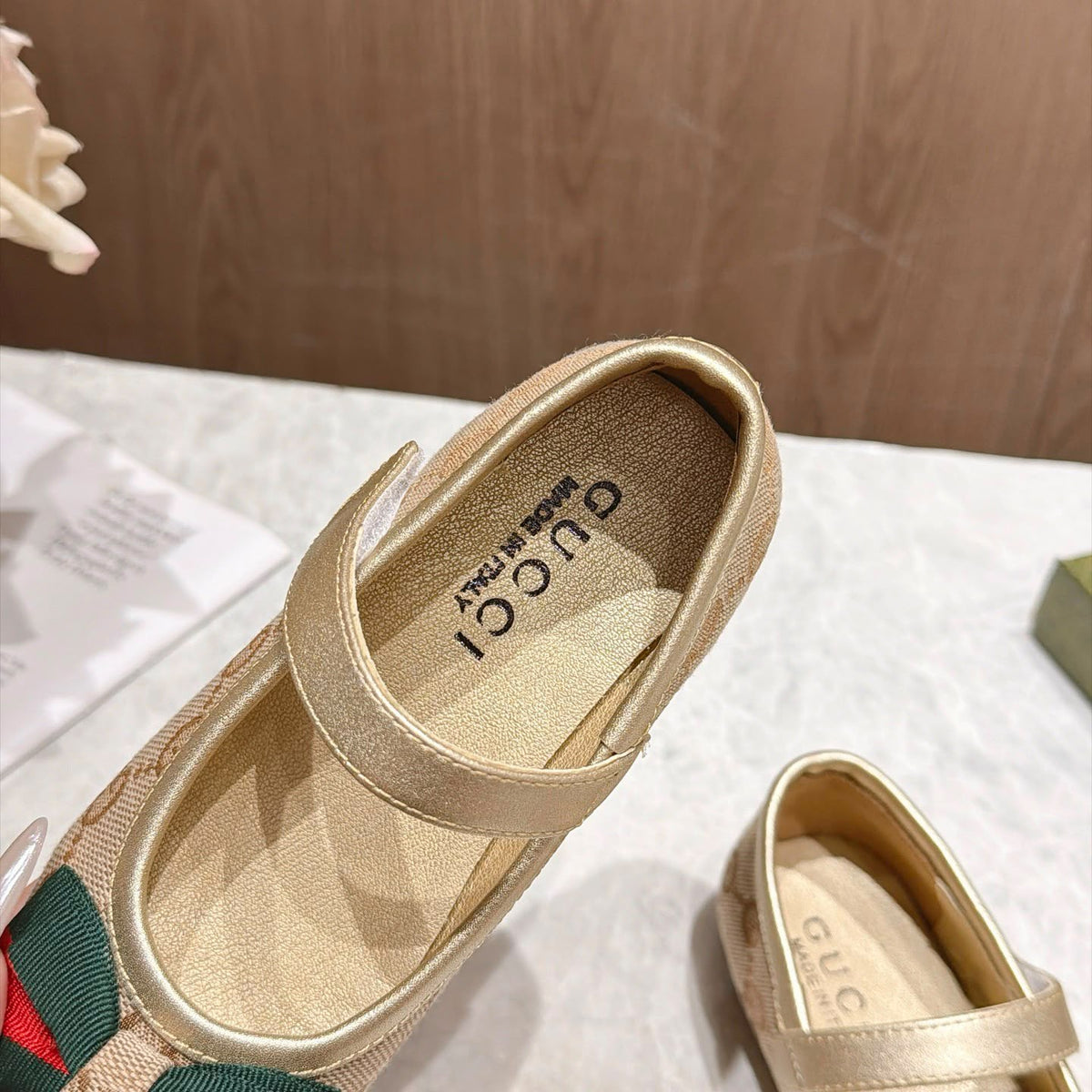 Gucci Kids GG Web Bow Ballerinas