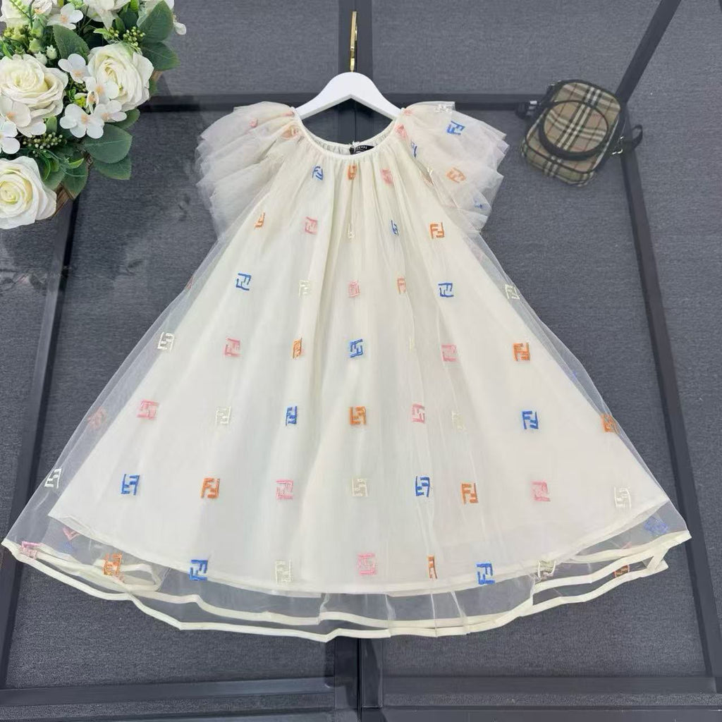 Fendi Kids Embroidered Logo Flutter Tulle Dress