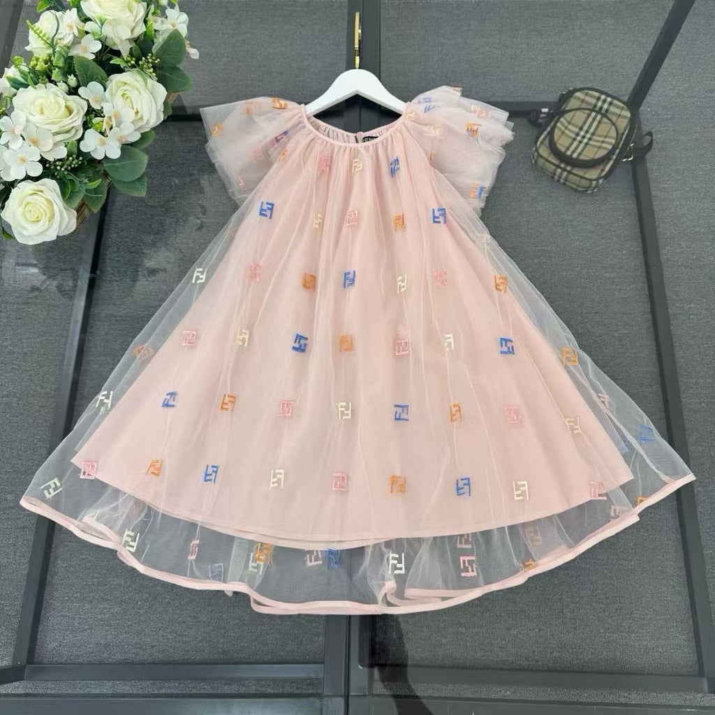 Fendi Kids Embroidered Logo Flutter Tulle Dress