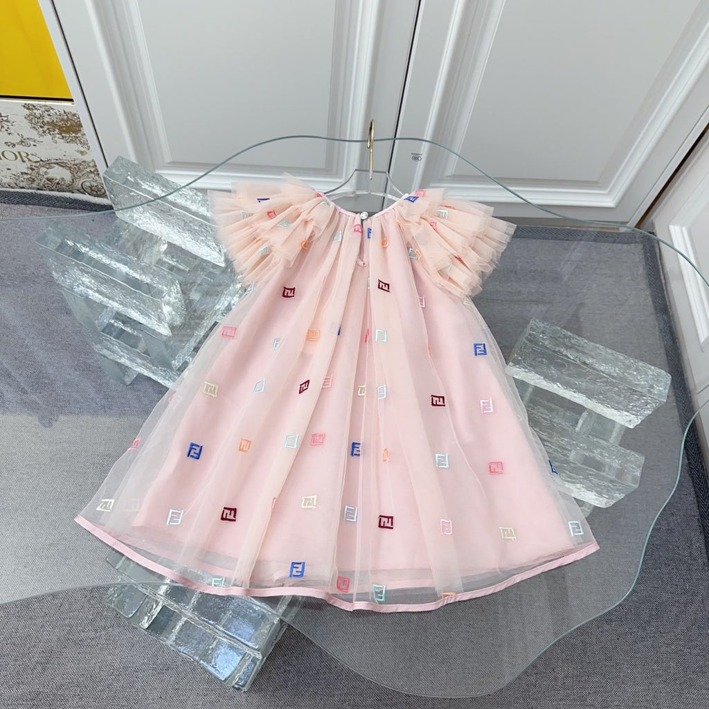 Fendi Kids Embroidered Logo Flutter Tulle Dress