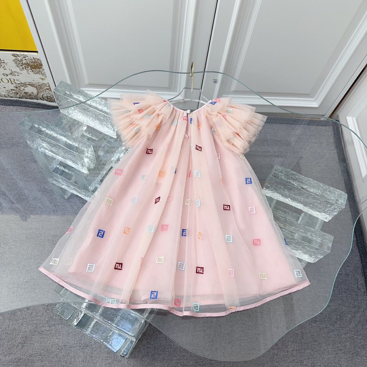 Fendi Kids Embroidered Logo Flutter Tulle Dress