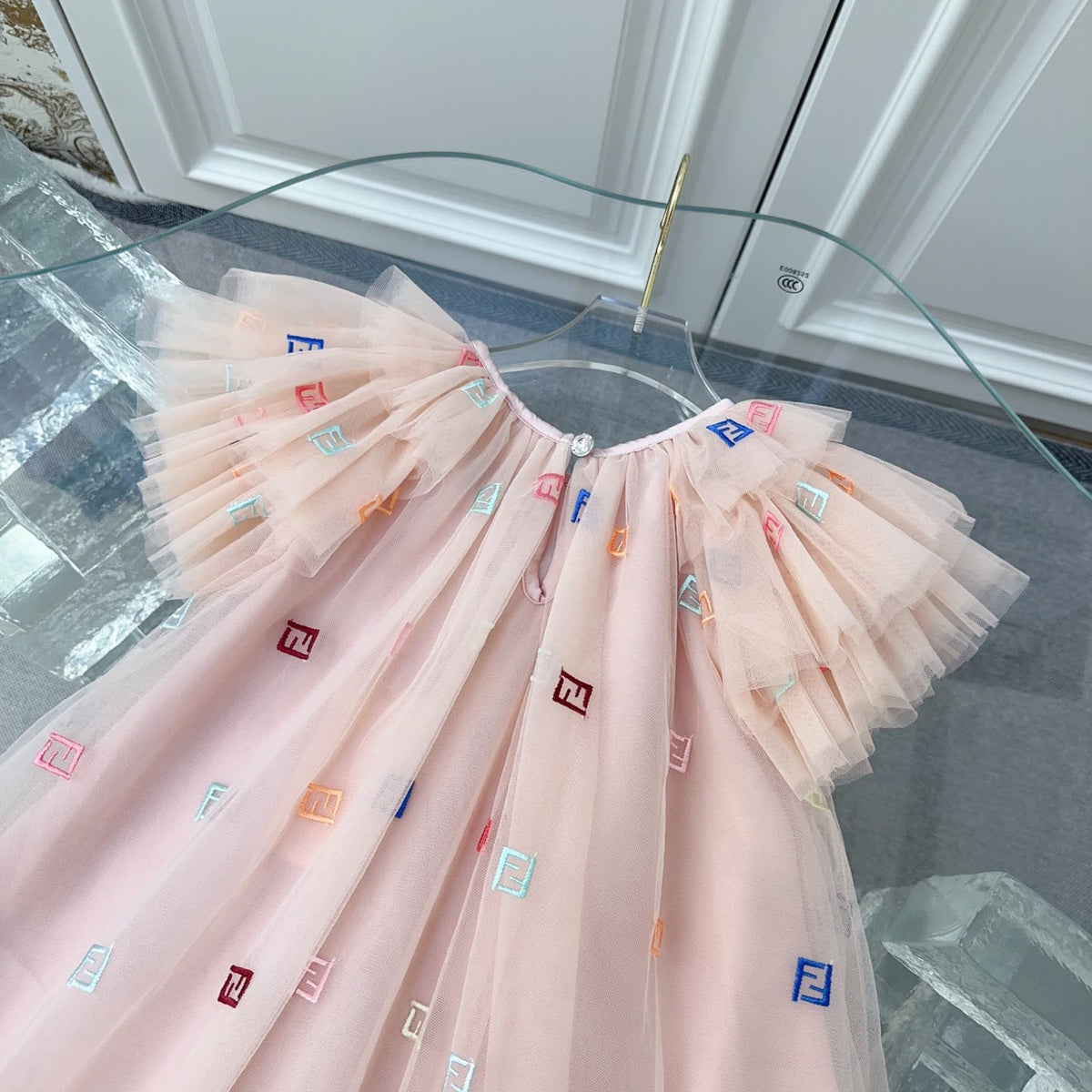 Fendi Kids Embroidered Logo Flutter Tulle Dress