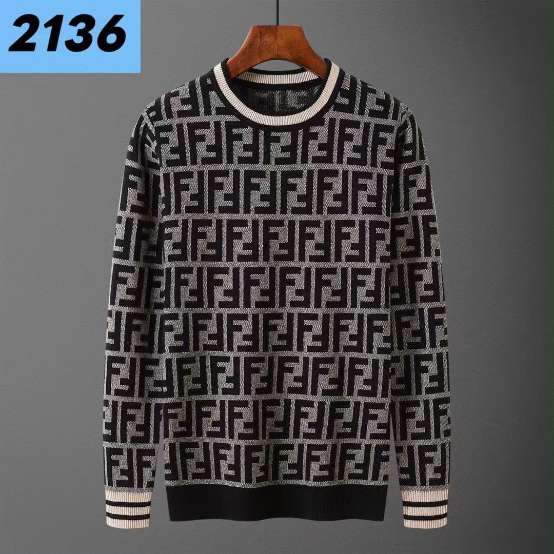 FENDI FF Monogram Striped Trim Crew Neck Sweater
