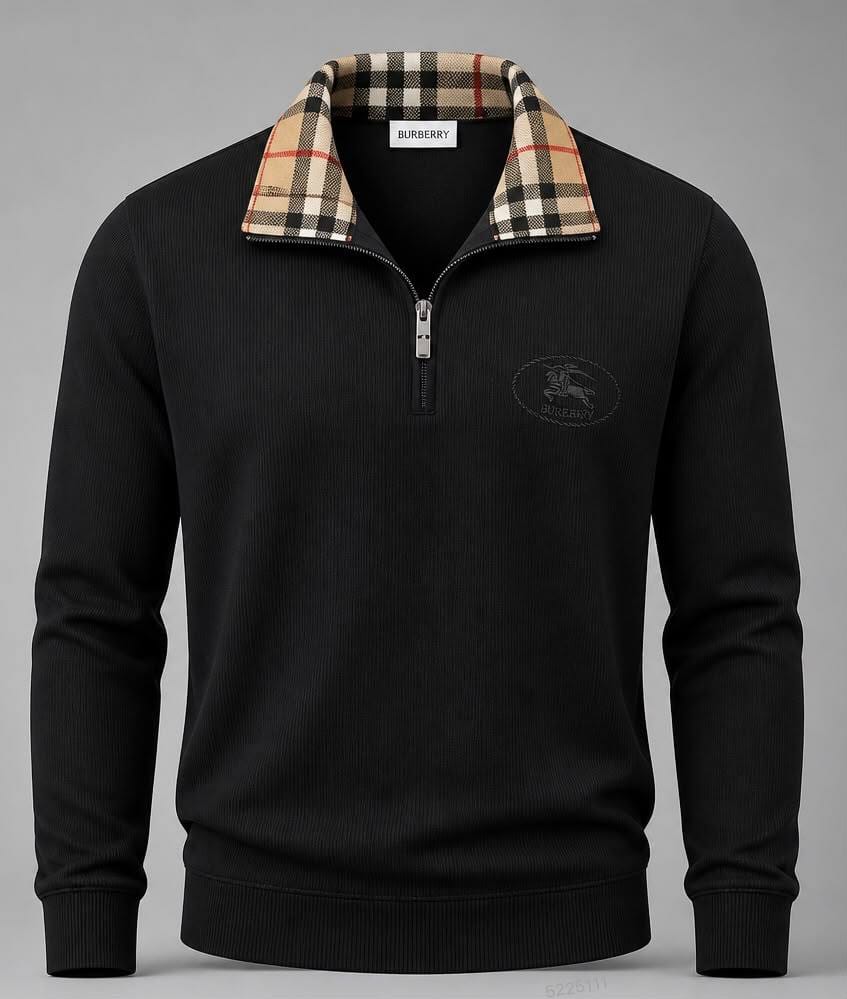 Burberry Check Collar Crest Quarter Zip Sweater