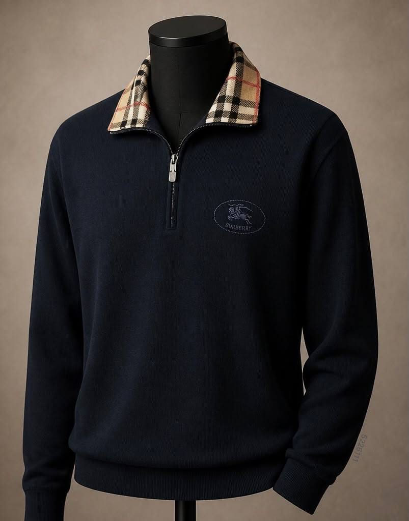 Burberry Check Collar Crest Quarter Zip Sweater