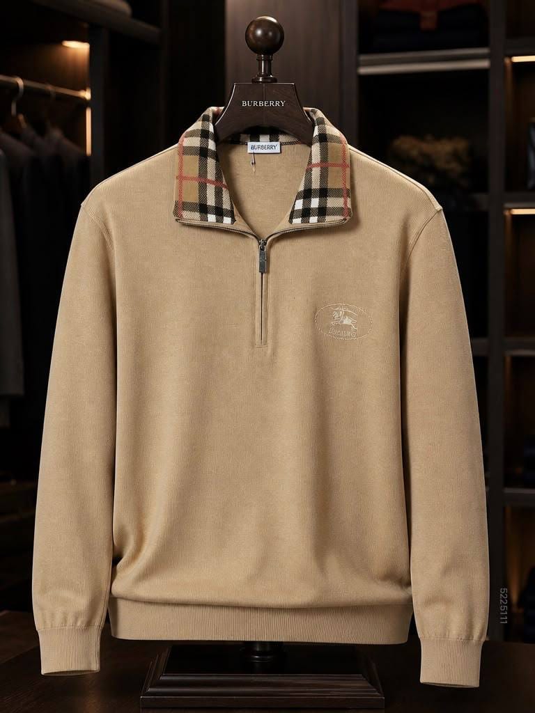 Burberry Check Collar Crest Quarter Zip Sweater