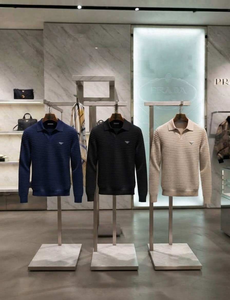 Prada Horizontal Rib Long Sleeve Polo
