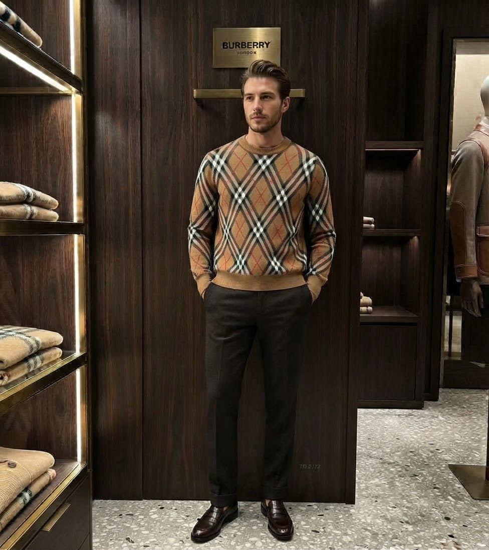 Burberry Diagonal Check Crew Neck Sweater