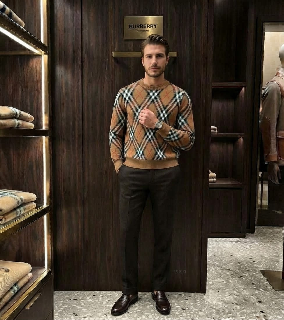 Burberry Diagonal Check Crew Neck Sweater
