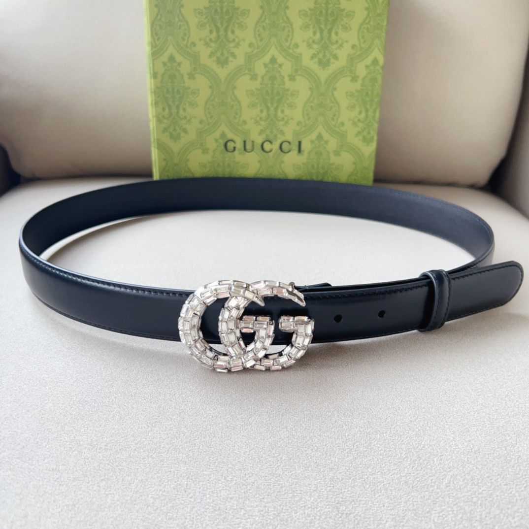 GUCCI Crystal Double G Leather Belt