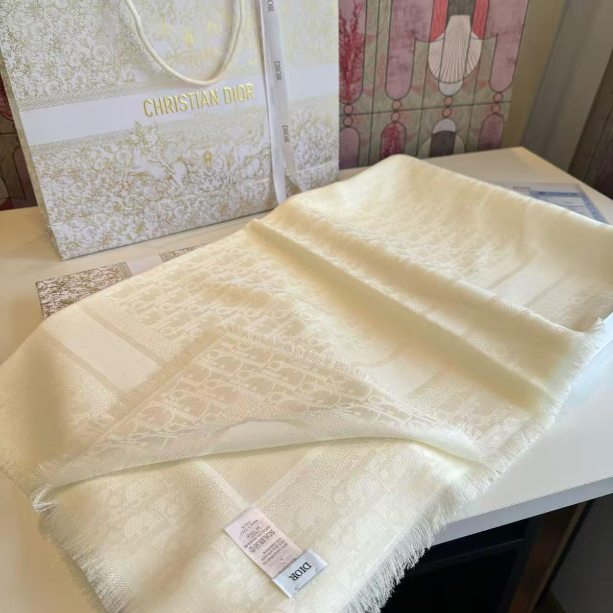 Dior Oblique Border Fringed Scarf