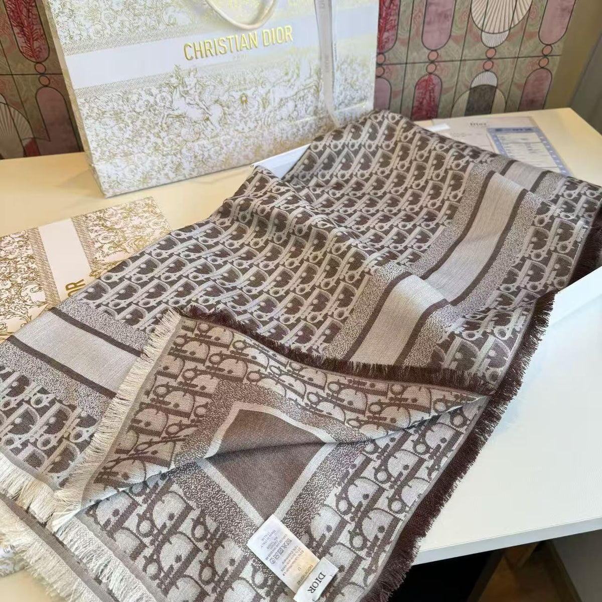 Dior Oblique Border Fringed Scarf