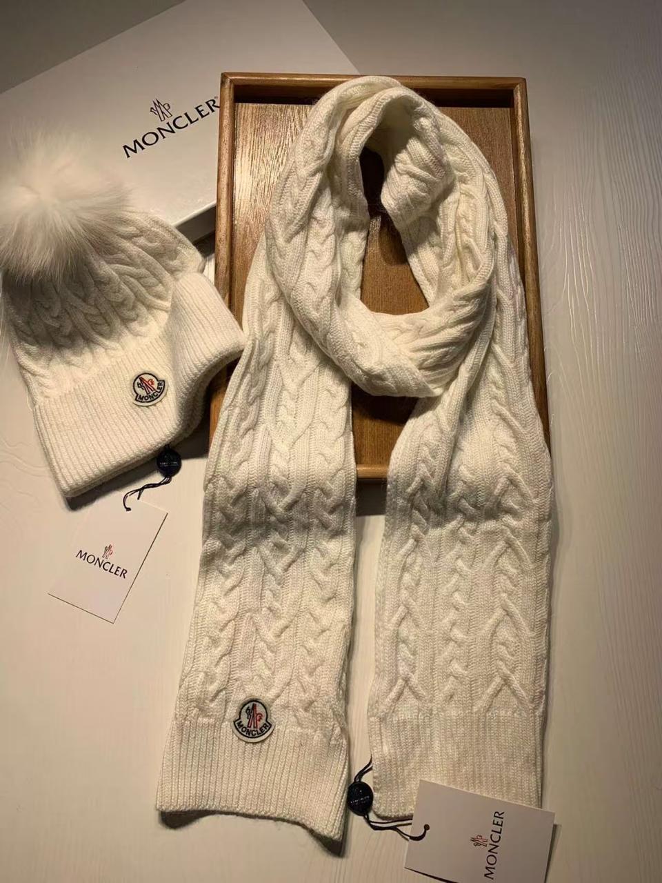 MONCLER Contrast Pom Pom Scarf & Beanie Set