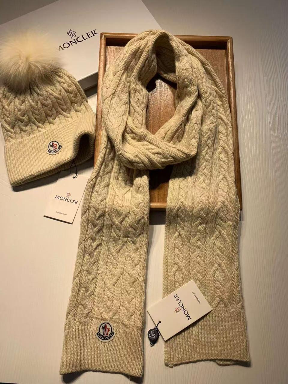 MONCLER Cable Knit Pom Pom Scarf & Beanie Set
