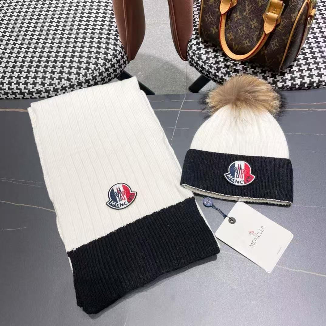 MONCLER Cable Knit Pom Pom Scarf & Beanie Set