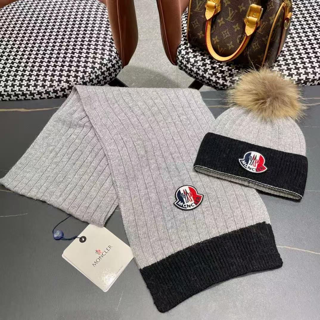 MONCLER Contrast Pom Pom Scarf & Beanie Set