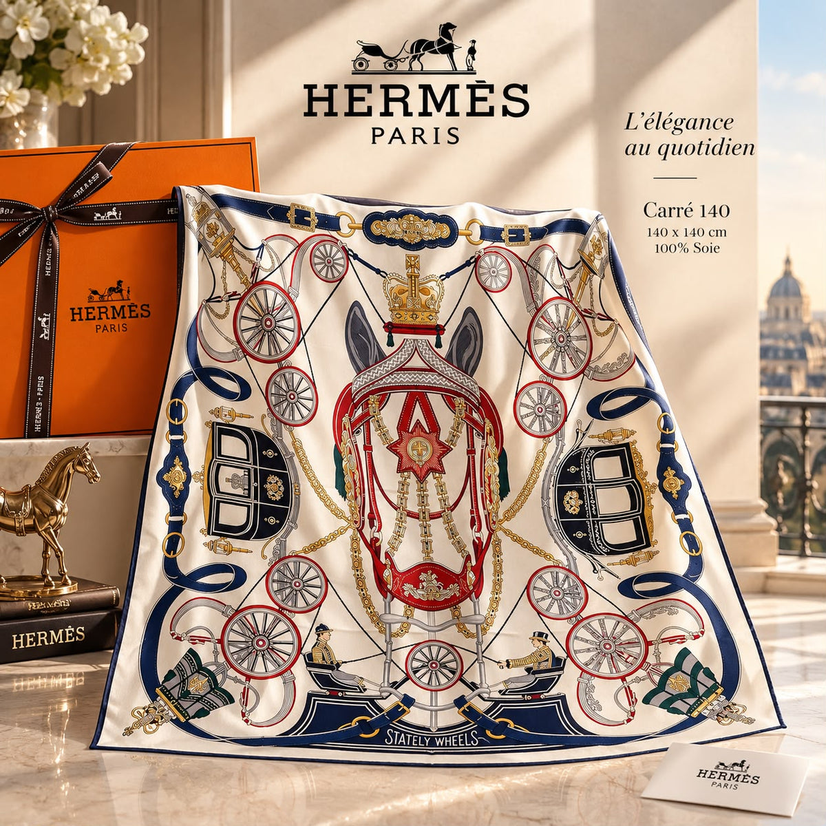 Hermès Stately Wheels Square Scarf