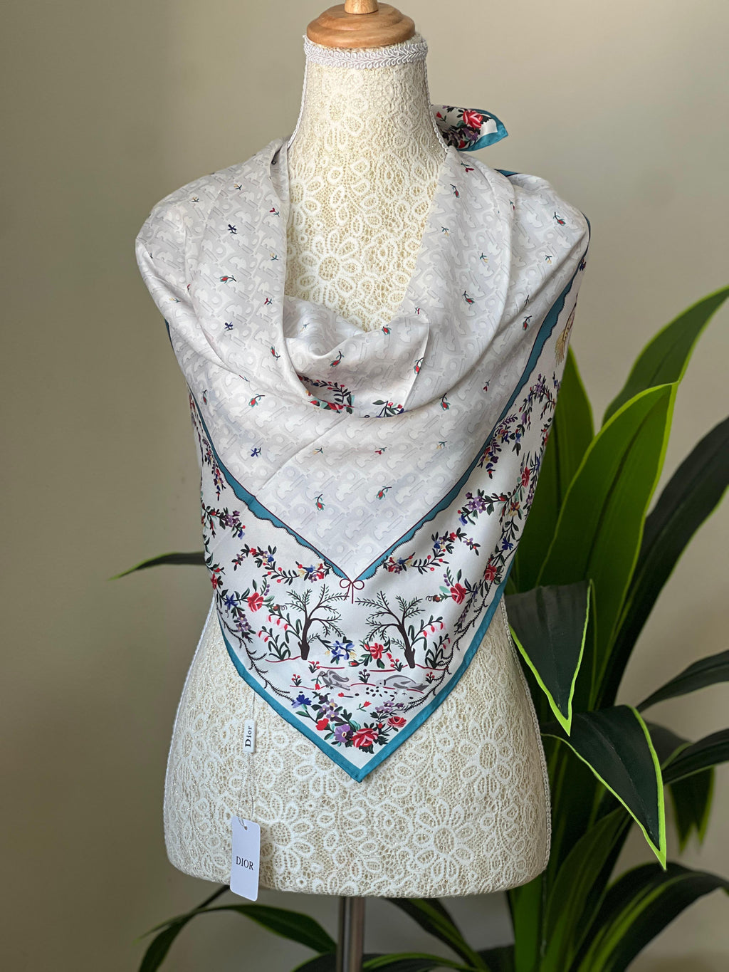 Dior Turquoise Border Floral Scarf