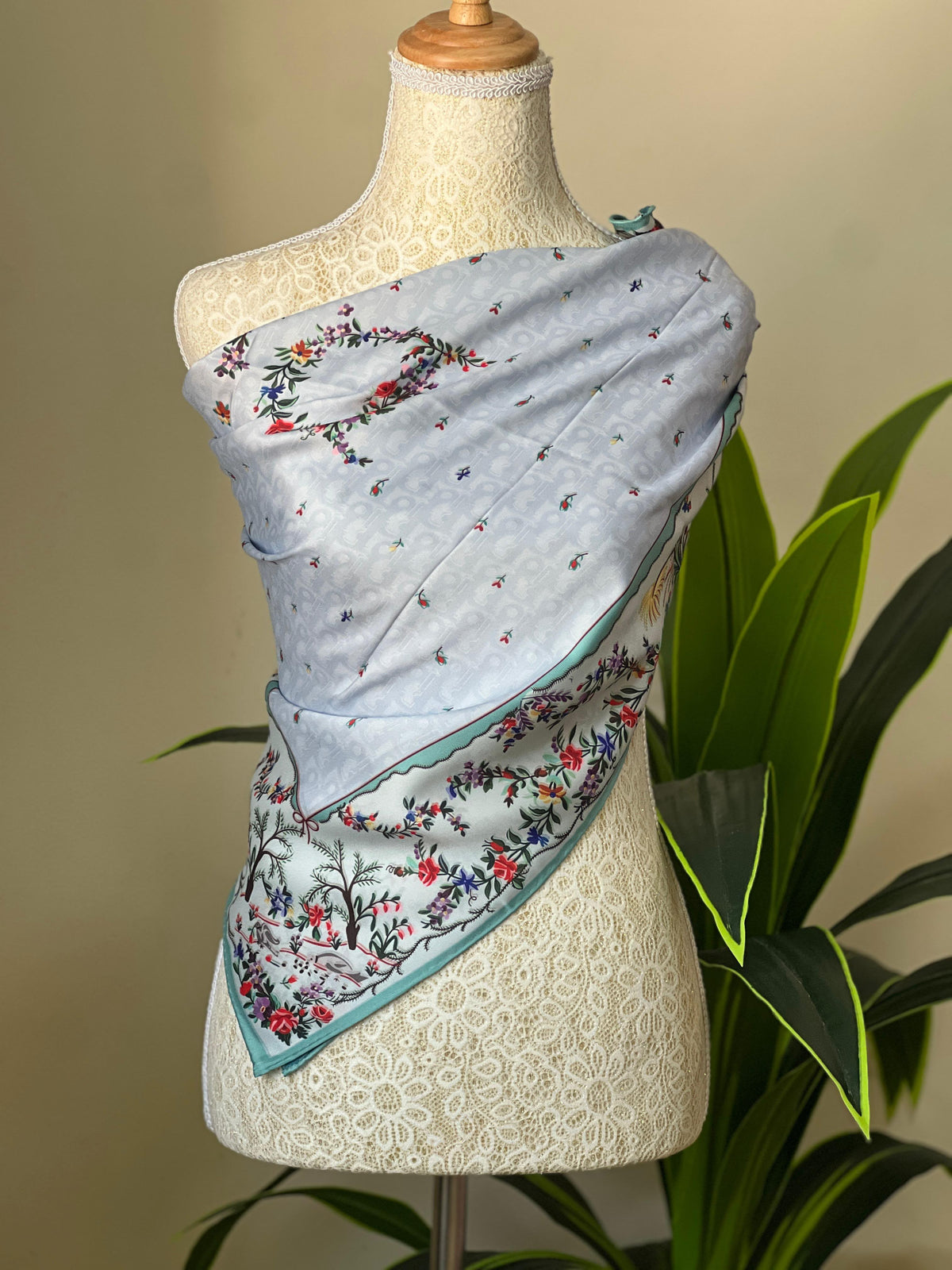 Dior Turquoise Border Floral Scarf