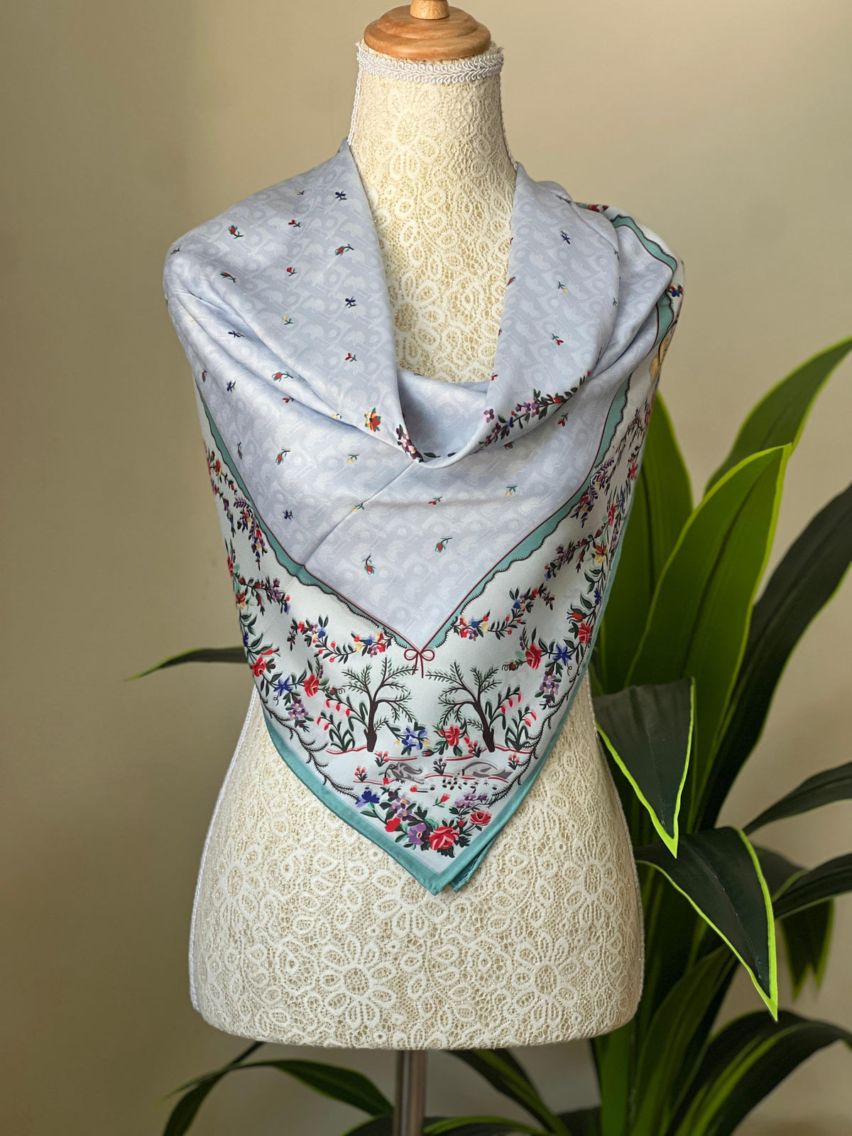 Dior Turquoise Border Floral Scarf
