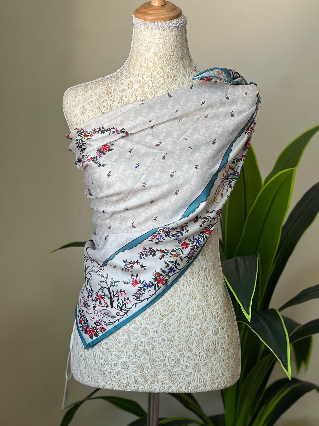Dior Turquoise Border Floral Scarf