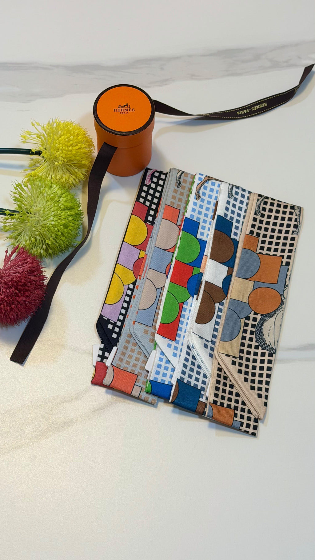 Hermès Geometric Grid Twilly Scarf