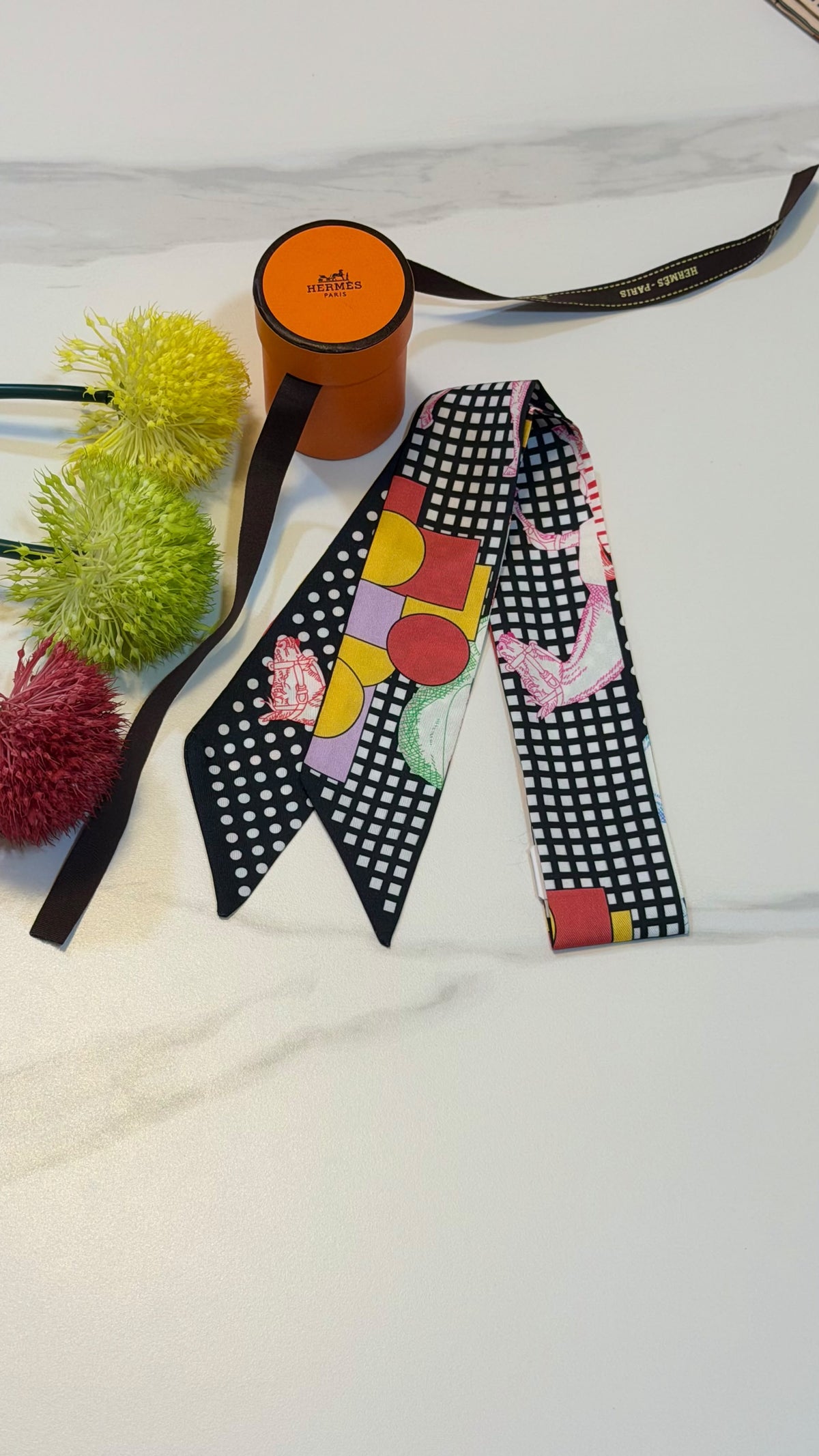 Hermès Geometric Grid Twilly Scarf