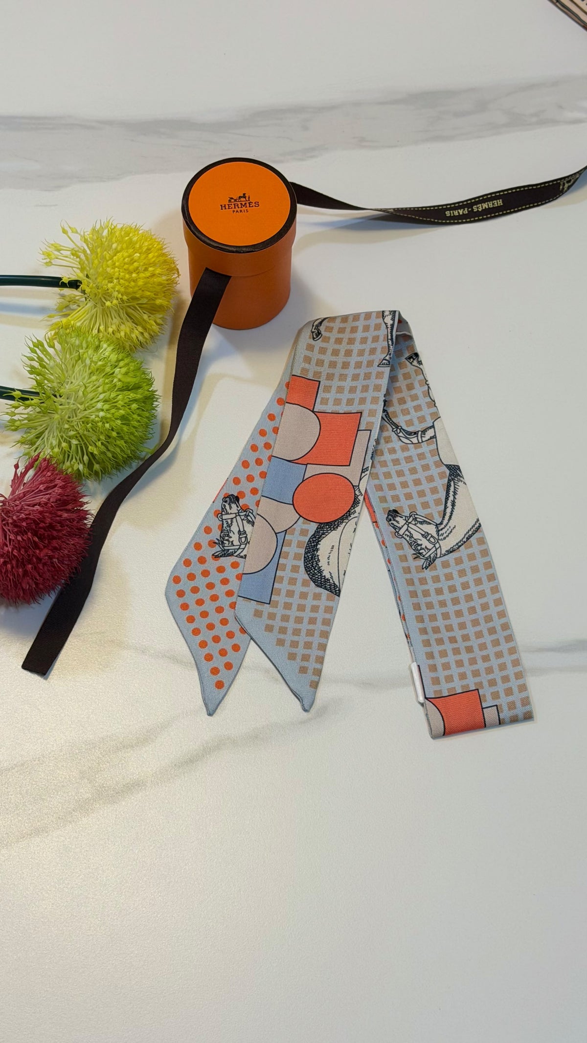 Hermès Geometric Grid Twilly Scarf